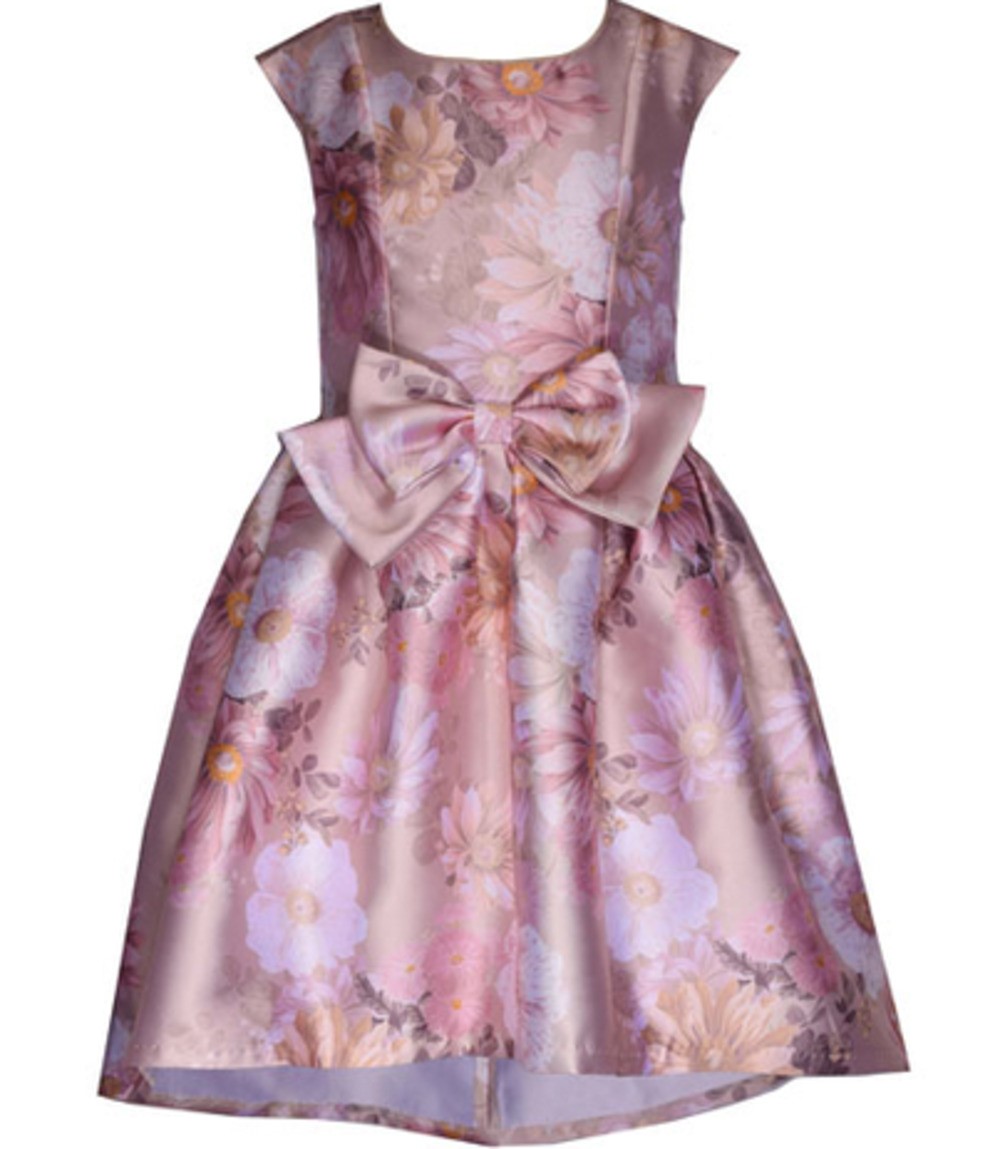 BONNIE JEAN R3-11177-DS R4-11177-DS SLEEVELESS TAUPE MIKADO DRESS WITH BOLD FLORAL PRINT AND HI-LO BOTTOM