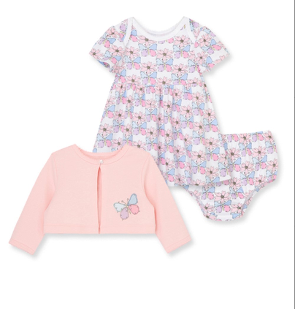 LITTLE ME LCU12837N BABY GIRLS PINK MULTICOLORED BUTTERFLY DRESS SET WITH MATCHING CARDIGAN