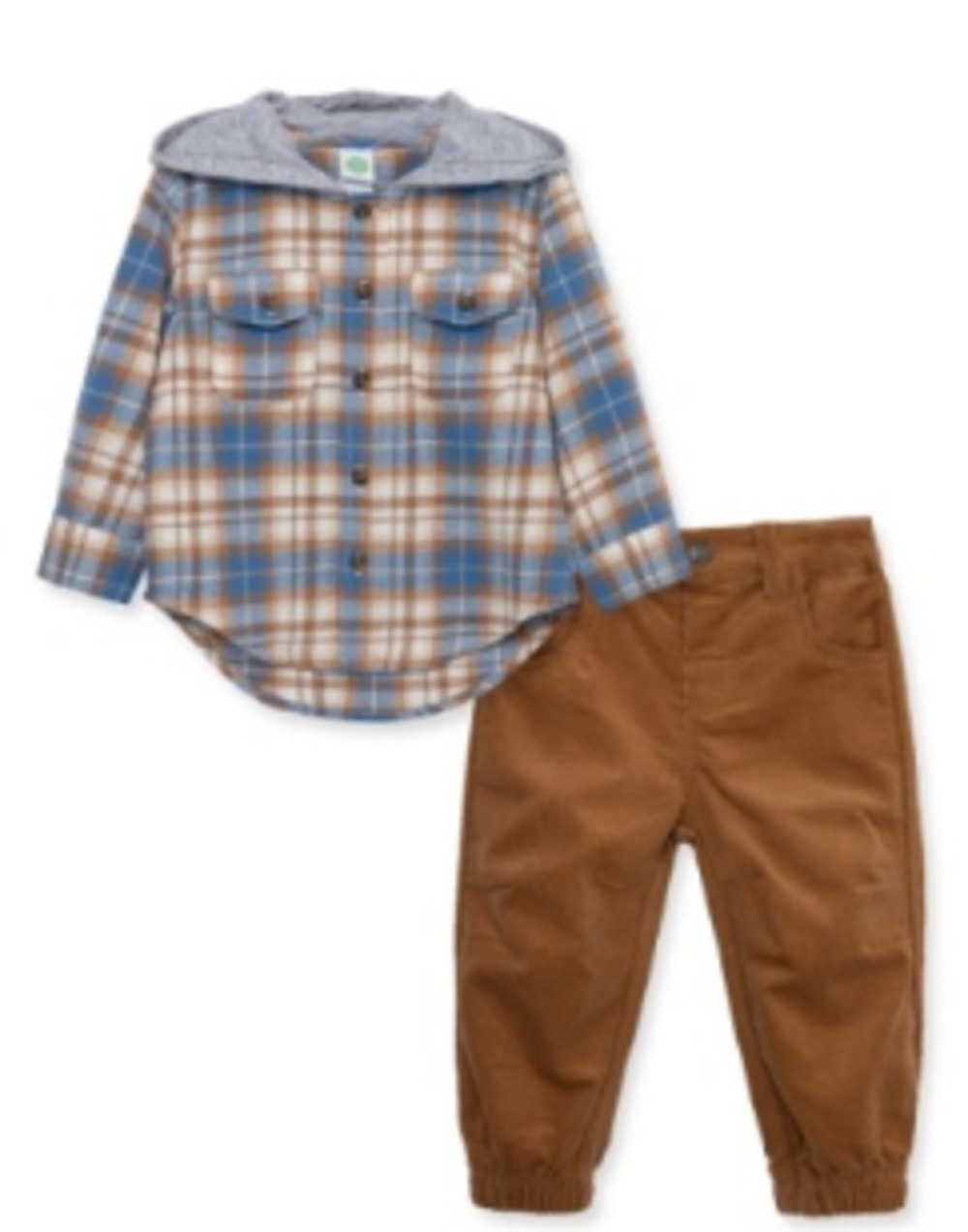 LITTLE ME LPB13665 TODDLER BOYS BLUE AND BROWN PLAID HOODED CORDUROY PANT SET 