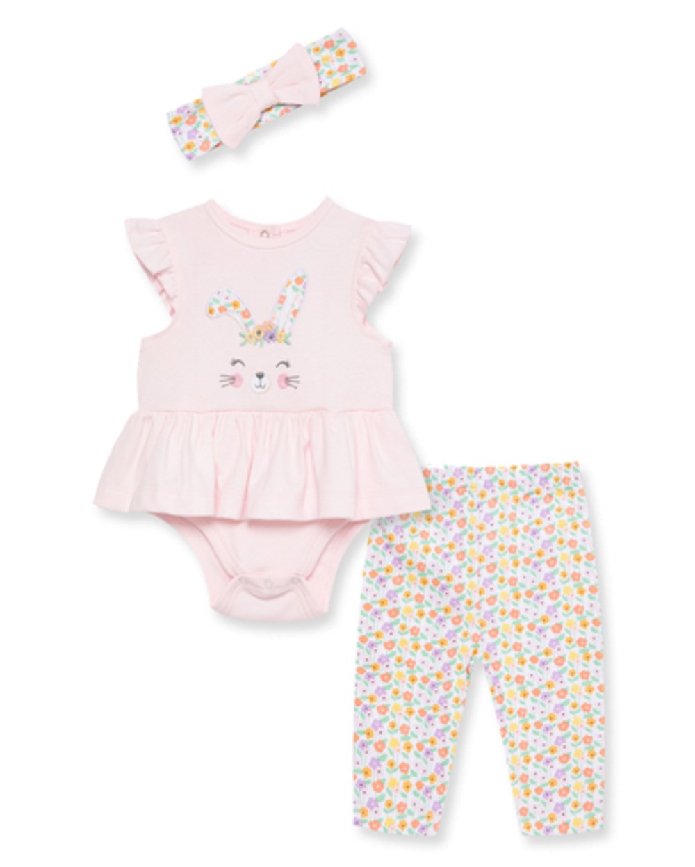 LITTLE ME LC812830N BABY GIRLS PINK BUNNY BODYSUIT PANT SET WITH MATCHING HEADBAND 
