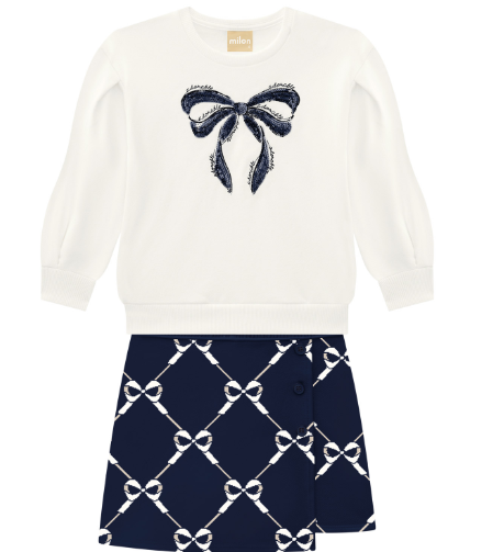 MILON GIRLS NAVY AND CREAM 2 PIECE BOW SKORT SET