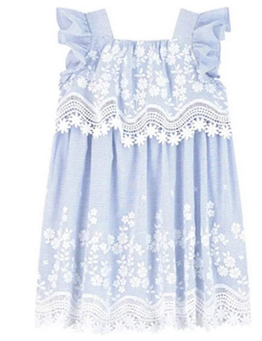 MAYORAL 3952 GIRLS BLUE AND WHITE STRIPED DRESS WITH FLORAL EMBROIDERY