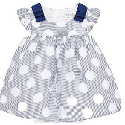 MAYORAL 1881 BABY GIRLS NAVY AND WHITE DRESS WITH POLKA DOT AND STRIPE OVERLAY