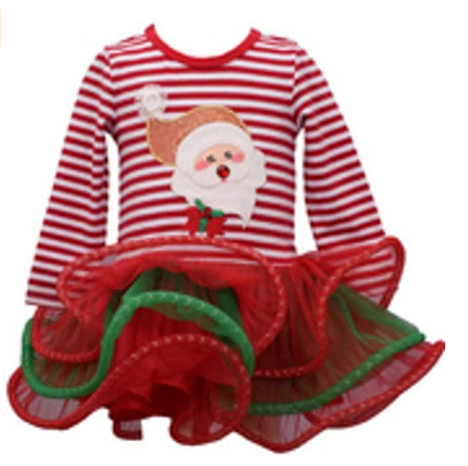 BONNIE JEAN GIRLS RED AND WHITE STRIPED DRESS WITH RED AND GREEN TULLE SKIRT AND SANTA APPLIQUE