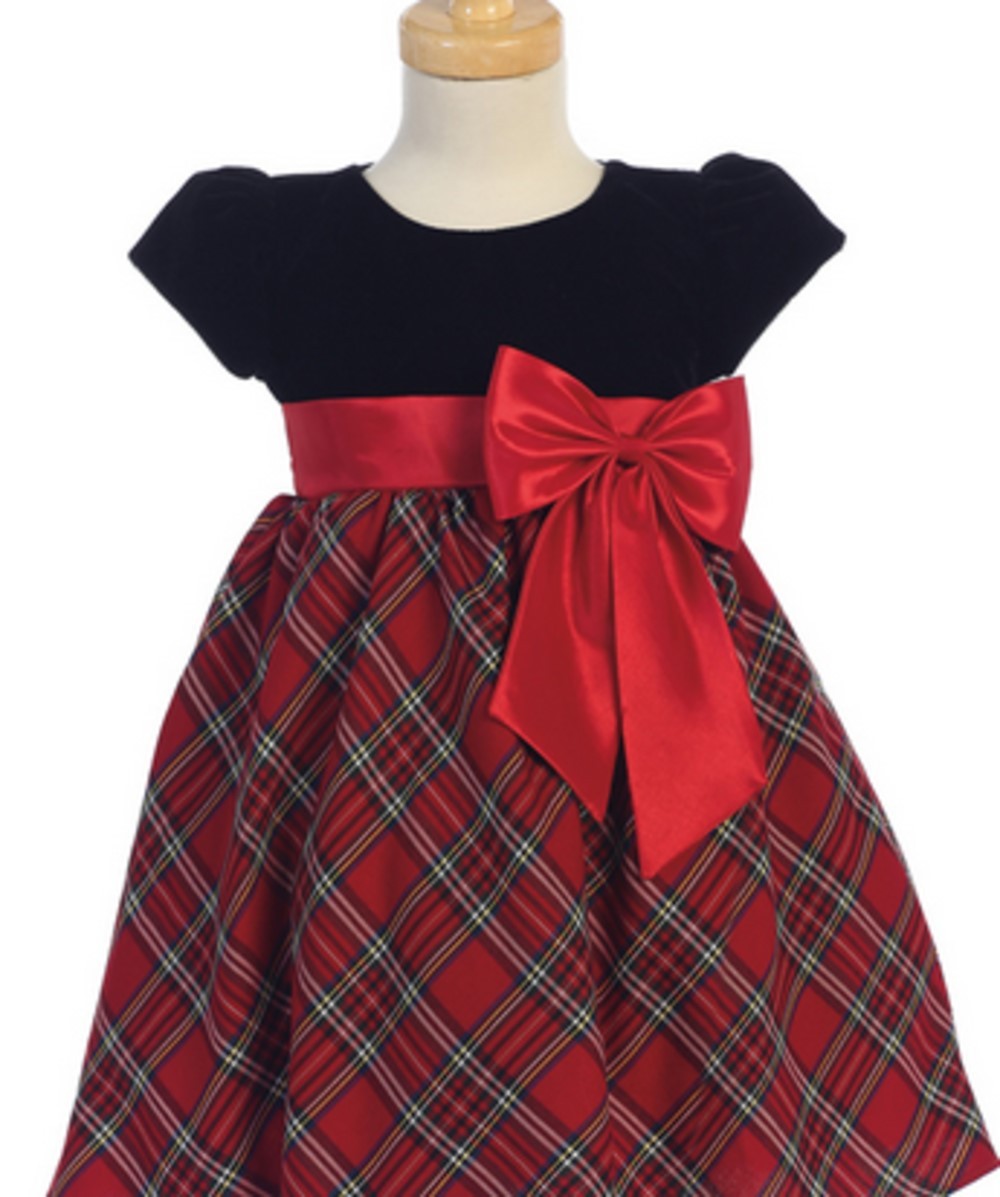 LITO GIRLS BLACK VELVET BODICE WITH PLAID SKIRT AND BOW ACCENT HOLIDAY DRESS