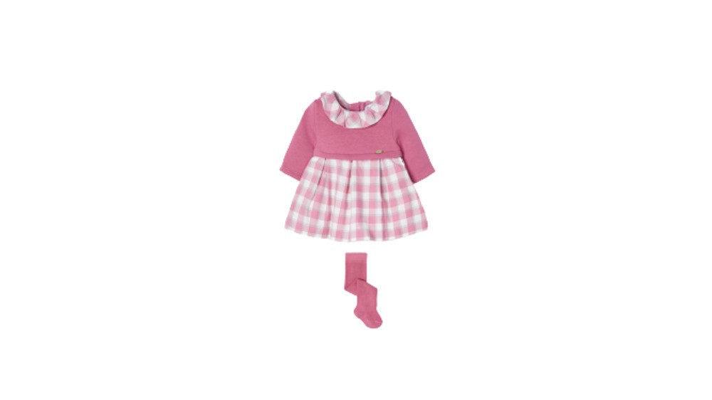 MAYORAL 2804 BABY GIRLS PINK AND WHITE LONG SLEEVE CHECKERED DRESS WITH MATCHING PINK TIGHTS 