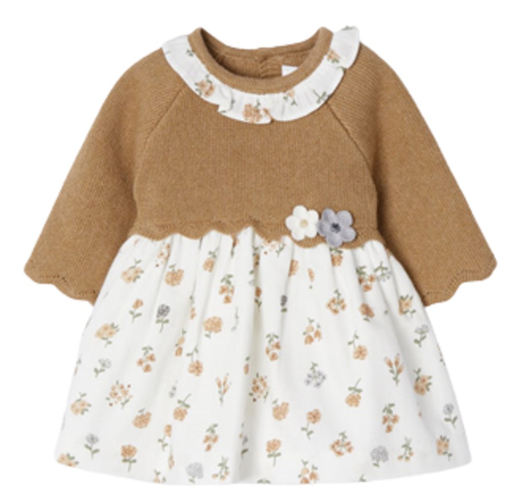 MAYORAL 2825 BABY GIRLS CARMEL KNIT TOP WITH FLORAL PRINT BOTTOM DRESS