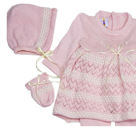 Karela Kids pink with ivory details knitted set with bonnet and mittens 