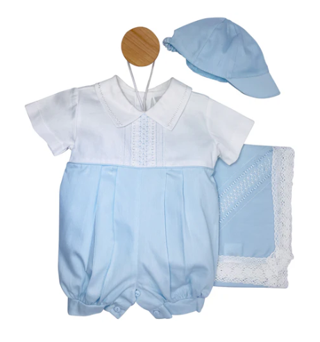 Karela Kids baby boys blue and white romper with matching cap and blanker