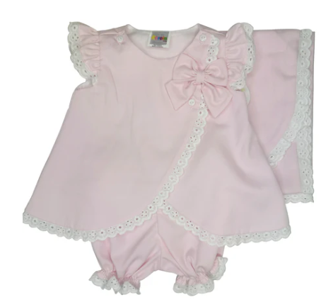 Karela Kids pink new born girl dress with matching blanket and panty 