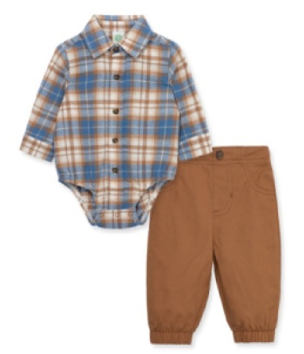 LITTLE ME LCH13769 BABY BOYS BLUE AND BROWN PLAID PANT SET
