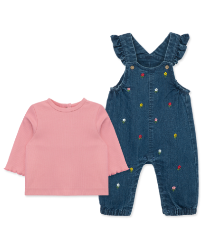 Little Me LCN14923 Clothes for Baby Girls' Flowers Overall Set, Med Denim/Peony