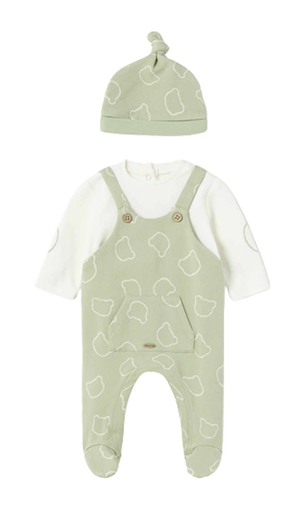 MAYORAL 2673 BABY BOYS GREEN AND IVORY TEDDY BEAR PRINT FOOTIE WITH MATCHING HAT