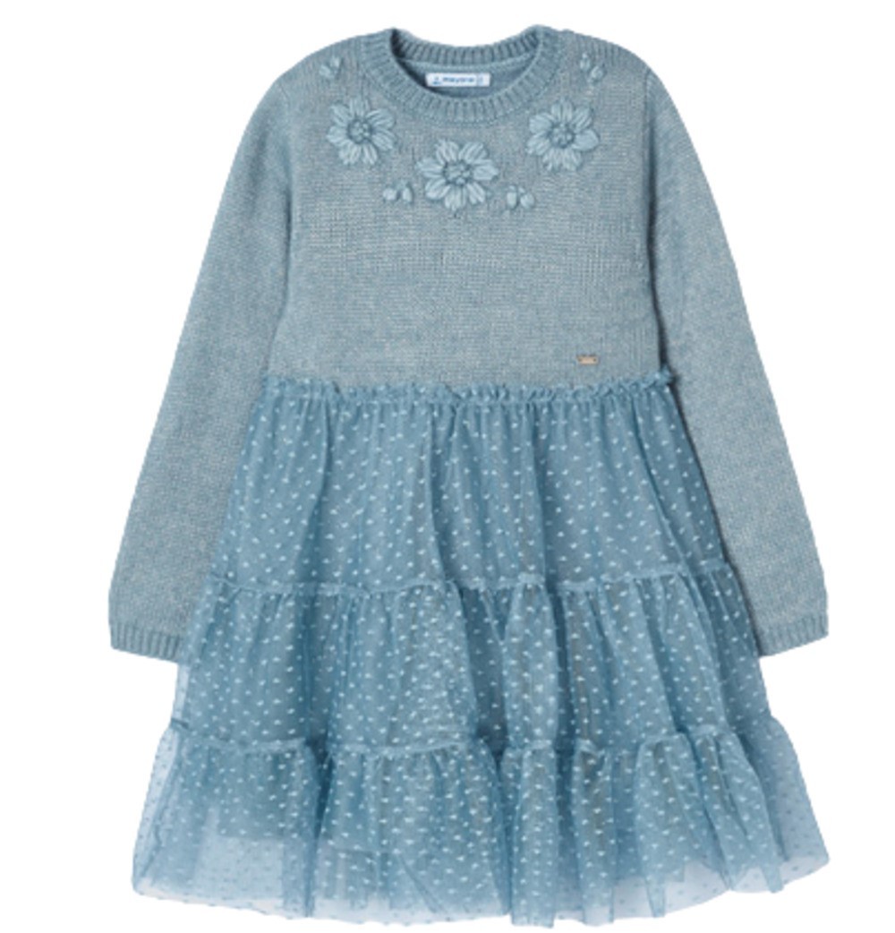 MAYORAL 4912 GIRLS TULLE KNIT DRESS WITH FLORAL APPLIQUES