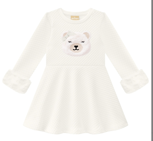 MILON INFANT AND TODDLER OFF WHITE TEDDY BEAR DRESS WITH FAUX FUR CUFFED SLEEVES