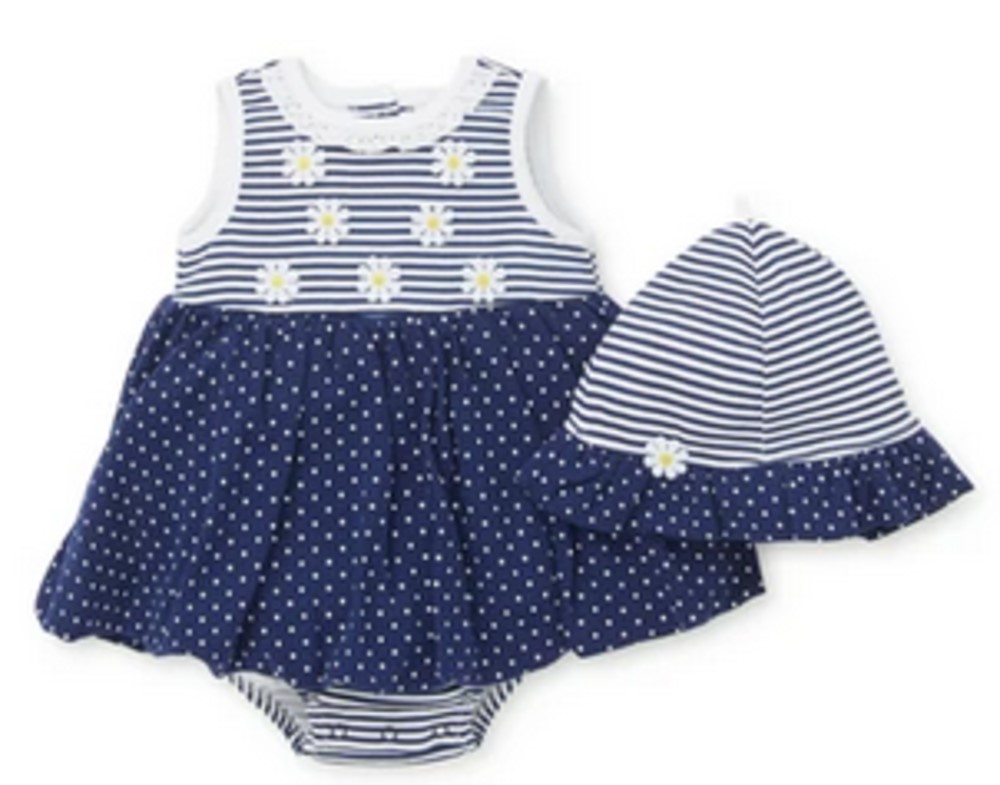 Little Me L457 daisy popover dress with stripes and dots with matching hat 