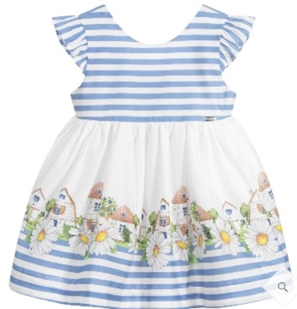 Mayoral 1932 baby girls' white and blue striped dress with colorful houses and daisy print